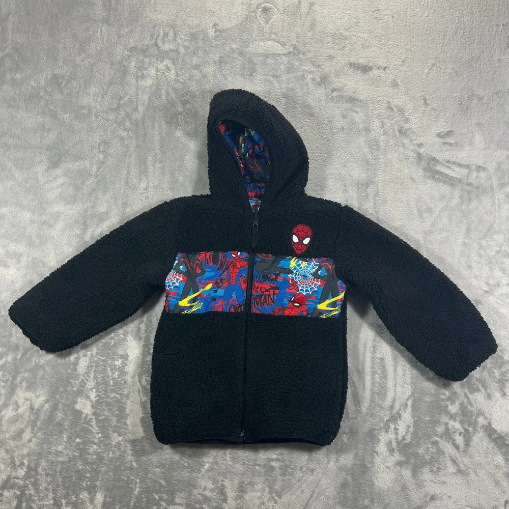 Spider-Man Puffer Reversible Hoodie Jacket Kids Size 6 Black Blue Good Marvel